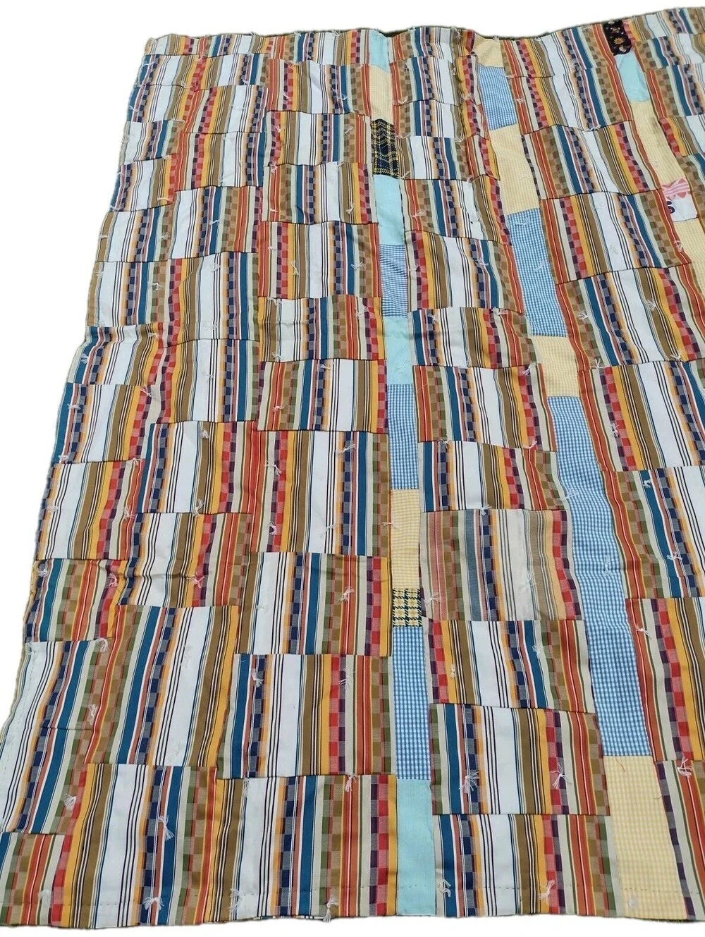 Vintage 1970s Handmade Patchwork Quilt 68x86 Tied Scrap Coverlet Retro Folk Art